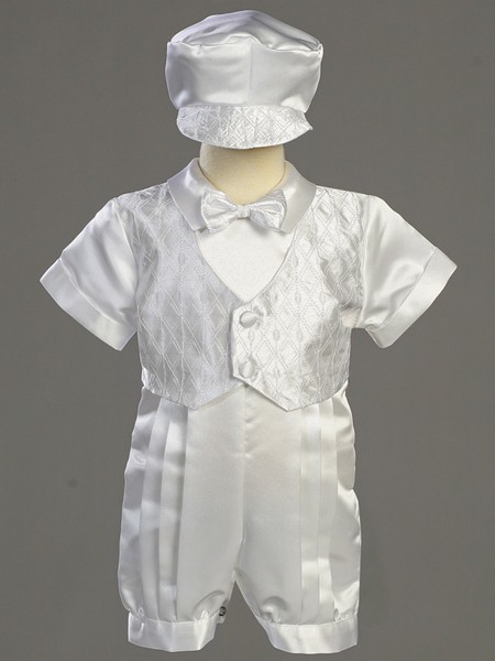 Boy's Satin Baptism Romper with Embroidered Vest - White