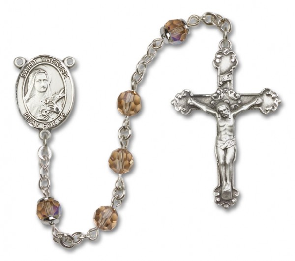 St. Therese of Lisieux Sterling Silver Heirloom Rosary Fancy Crucifix - Topaz