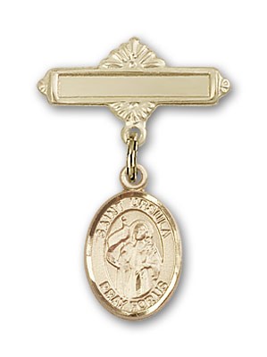 Pin Badge with St. Ursula Charm and Polished Engravable Badge Pin - 14K Solid Gold