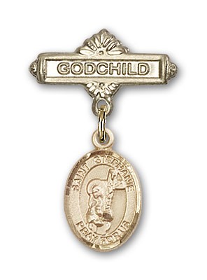 Pin Badge with St. Stephanie Charm and Godchild Badge Pin - 14K Solid Gold
