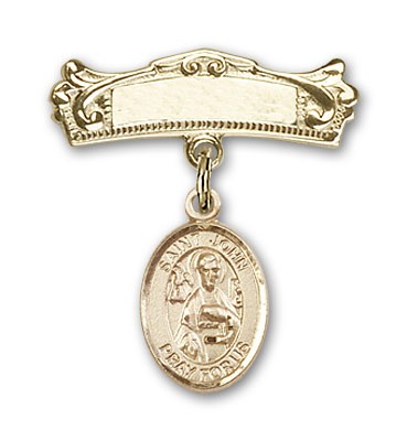 Pin Badge with St. John the Apostle Charm and Arched Polished Engravable Badge Pin - Gold Tone