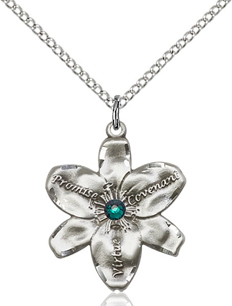 Large Five Petal Chastity Pendant with Birthstone Center - Emerald Green
