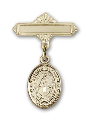 Baby Pin with Miraculous Charm and Polished Engravable Badge Pin - 14K Solid Gold