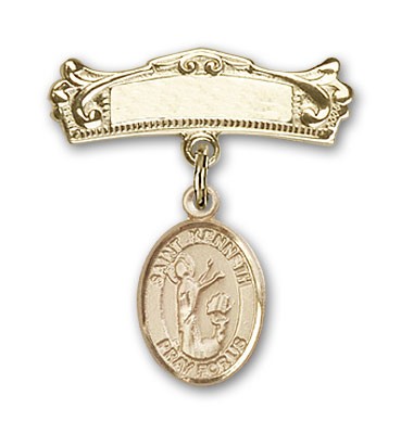 Pin Badge with St. Kenneth Charm and Arched Polished Engravable Badge Pin - Gold Tone