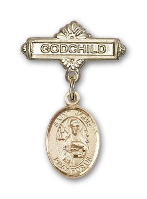 Pin Badge with St. John the Apostle Charm and Godchild Badge Pin - Gold Tone