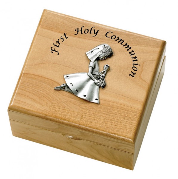 First Communion Girl's Maple Wood Keepsake Box - Light Brown