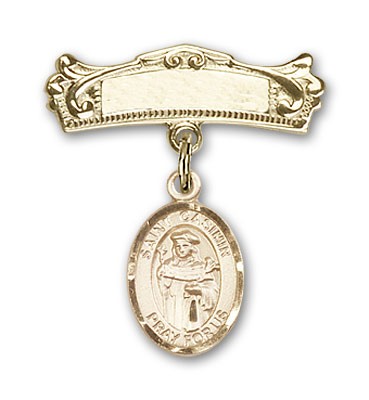 Pin Badge with St. Casimir of Poland Charm and Arched Polished Engravable Badge Pin - Gold Tone