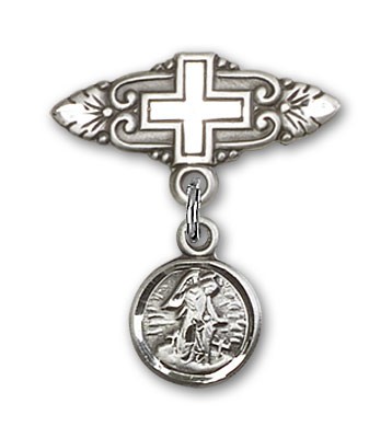 Baby Pin with Guardian Angel Charm and Badge Pin with Cross - Silver tone