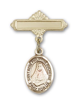 Pin Badge with St. Rose Philippine Charm and Polished Engravable Badge Pin - Gold Tone