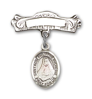 Pin Badge with St. Rose Philippine Charm and Arched Polished Engravable Badge Pin - Silver tone