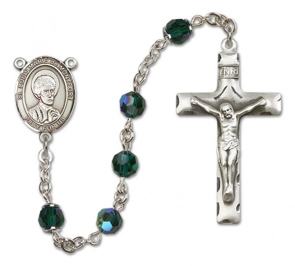 St. Louis Marie de Montfort Sterling Silver Heirloom Rosary Squared Crucifix - Emerald Green