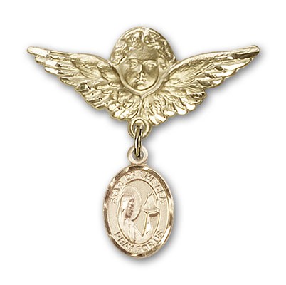 Pin Badge with Our Lady Star of the Sea Charm and Angel with Larger Wings Badge Pin - 14K Solid Gold