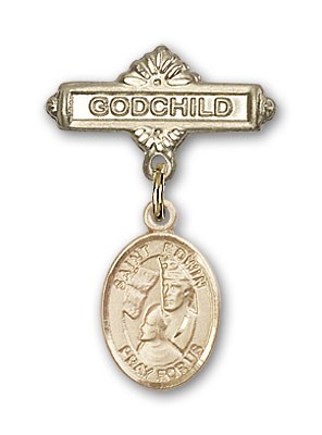 Pin Badge with St. Edwin Charm and Godchild Badge Pin - 14K Solid Gold