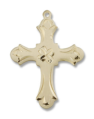 Women's Budded Edge Floral Center Cross Pendant - 14K Solid Gold