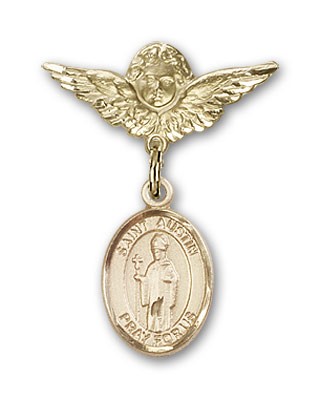 Pin Badge with St. Austin Charm and Angel with Smaller Wings Badge Pin - Gold Tone