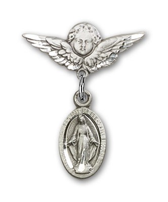 Pin Badge with Blue Miraculous Charm and Angel with Smaller Wings Badge Pin - Silver tone