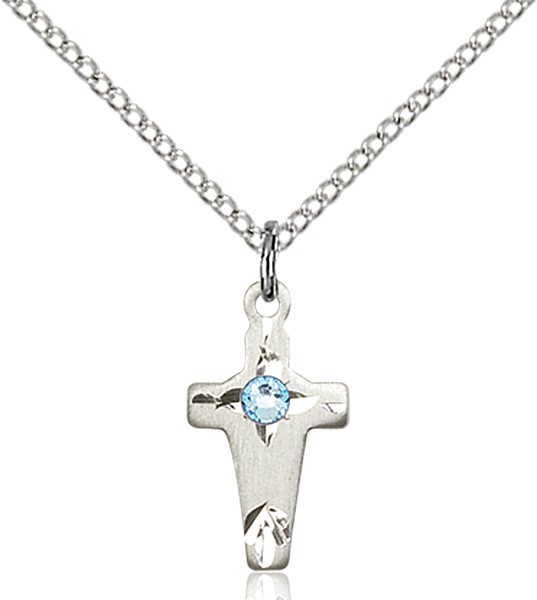 Square Edge Child's Cross Pendant with Birthstone Options - Aqua