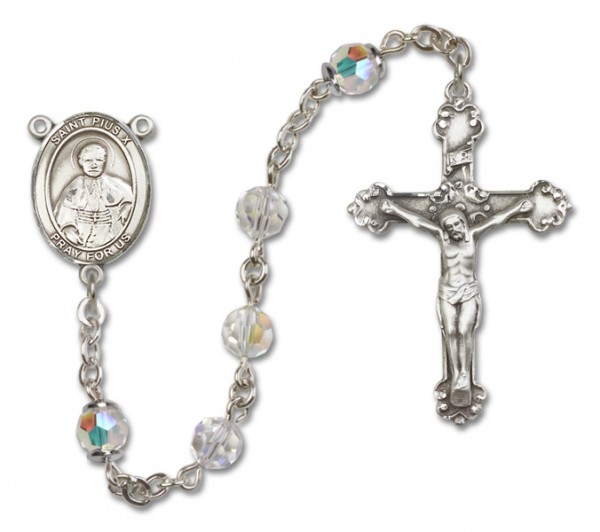 St. Pius X Sterling Silver Heirloom Rosary Fancy Crucifix - Crystal