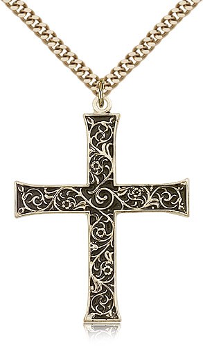 Antique Finish with Scroll Accent Men's Cross Pendant - 14KT Gold Filled
