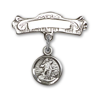 Baby Pin with Guardian Angel Charm and Arched Polished Engravable Badge Pin - Silver tone