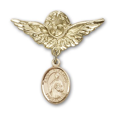 Pin Badge with St. Placidus Charm and Angel with Larger Wings Badge Pin - 14K Solid Gold