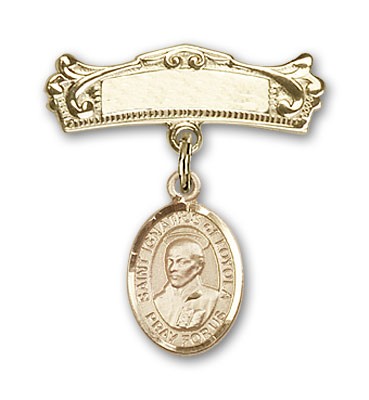 Pin Badge with St. Ignatius Charm and Arched Polished Engravable Badge Pin - 14K Solid Gold