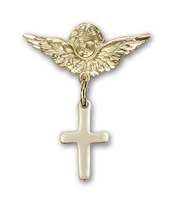 Baby Pin with Cross Charm and Angel with Smaller Wings Badge Pin - Gold Tone