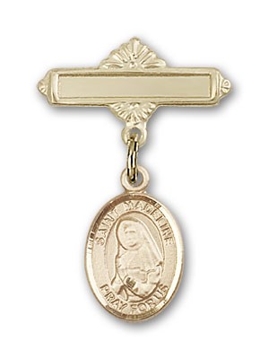 Pin Badge with St. Madeline Sophie Barat Charm and Polished Engravable Badge Pin - 14K Solid Gold