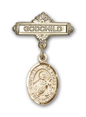 Pin Badge with St. Martin de Porres Charm and Godchild Badge Pin - Gold Tone
