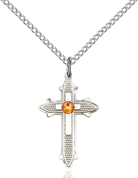Polished and Textured Cross Pendant with Birthstone Options - Topaz