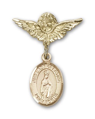 Pin Badge with Our Lady of Fatima Charm and Angel with Smaller Wings Badge Pin - Gold Tone