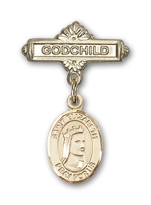 Pin Badge with St. Elizabeth of Hungary Charm and Godchild Badge Pin - Gold Tone