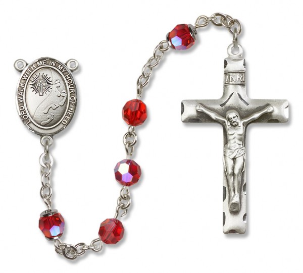 Footprints Cross Sterling Silver Heirloom Rosary Squared Crucifix - Ruby Red