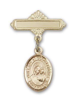 Pin Badge with Our Lady of Good Counsel Charm and Polished Engravable Badge Pin - Gold Tone
