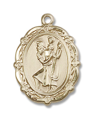 Floral Border Oval St. Christopher Necklace - 14K Solid Gold