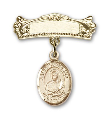 Pin Badge with St. Lawrence Charm and Arched Polished Engravable Badge Pin - 14K Solid Gold
