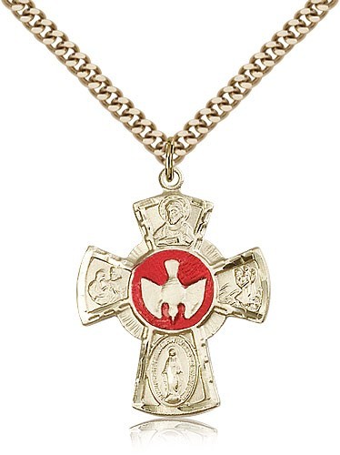 Men's Red Enamel Dove Center Five-Way Medal - 14KT Gold Filled