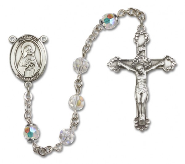 St. Rita of Cascia Sterling Silver Heirloom Rosary Fancy Crucifix - Crystal