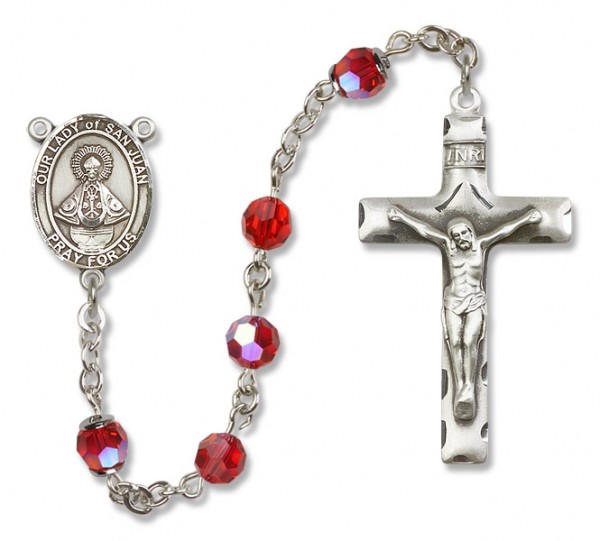 Our Lady of San Juan Sterling Silver Heirloom Rosary Squared Crucifix - Ruby Red