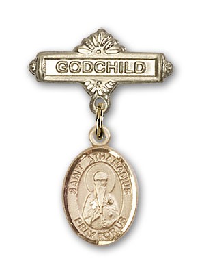 Pin Badge with St. Athanasius Charm and Godchild Badge Pin - 14K Solid Gold