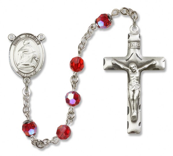 St. Charles Borromeo Sterling Silver Heirloom Rosary Squared Crucifix - Ruby Red