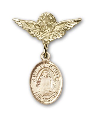 Pin Badge with St. Edith Stein Charm and Angel with Smaller Wings Badge Pin - 14K Solid Gold