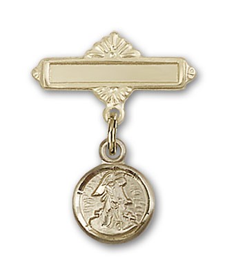 Baby Pin with Guardian Angel Charm and Polished Engravable Badge Pin - 14K Solid Gold