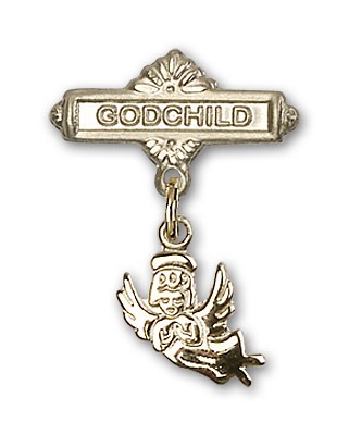 Baby Pin with Guardian Angel Charm and Godchild Badge Pin - 14K Solid Gold