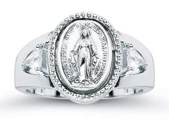 Women's Crystal Miraculous Medal Ring Sterling Silver - Sterling Silver