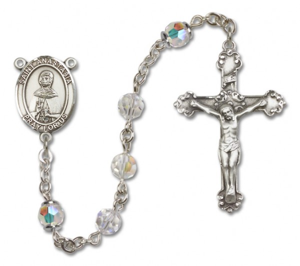 St. Anastasia Sterling Silver Heirloom Rosary Fancy Crucifix - Crystal