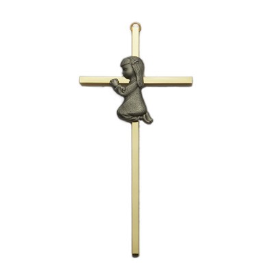Praying Girl Brass Baby Cross 7&quot;H   - Brass
