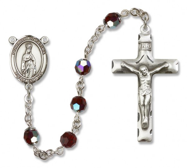 Our Lady of Fatima Sterling Silver Heirloom Rosary Squared Crucifix - Garnet