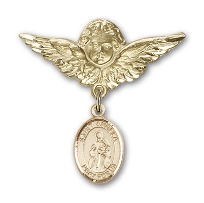 Pin Badge with St. Angela Merici Charm and Angel with Larger Wings Badge Pin - 14K Solid Gold