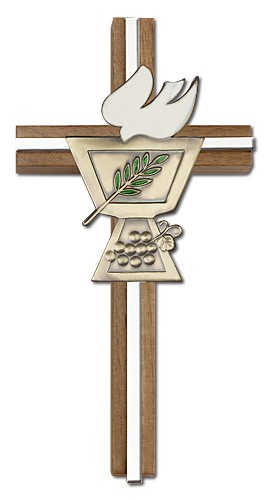 Confirmation Chalice and Dove Wall Cross in Walnut Wood with Metal Inlay 6&quot; - Two-Tone Silver